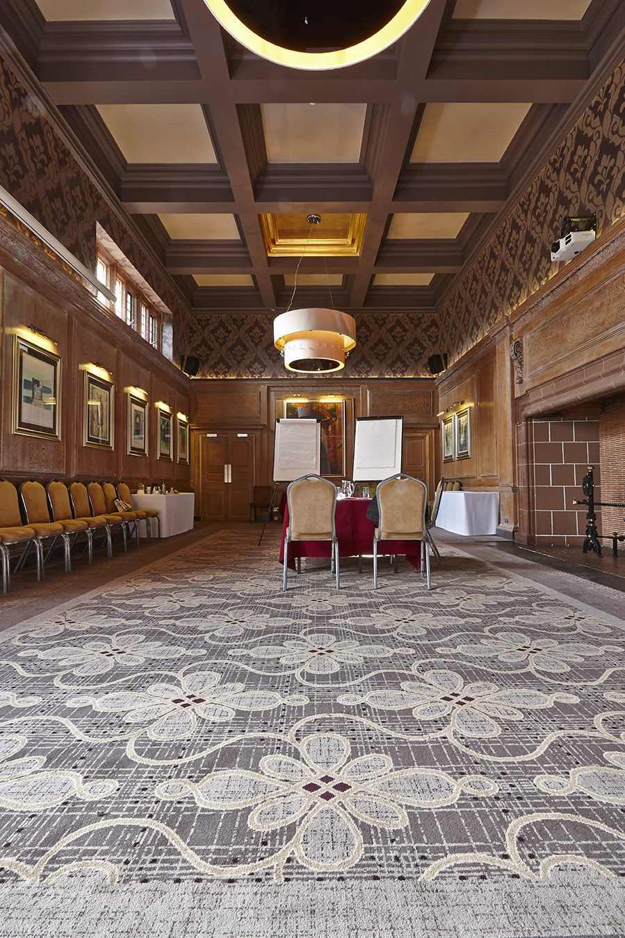 Abbey House Hotel bespoke meeting room carpet, with grey and cream strips, designed by Wilton Carpets
