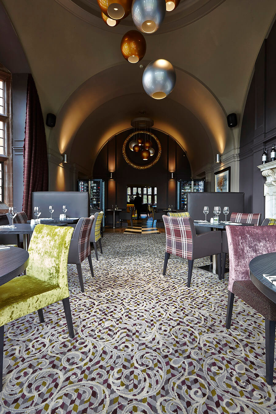 Abbey House Hotel bespoke restaurant carpet, with grey and cream floral patterns, designed by Wilton Carpets